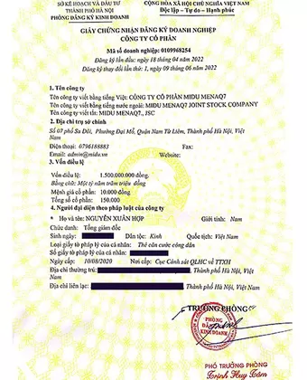 Giấy phép kinh doanh Công ty Cổ phần Midu MenaQ7